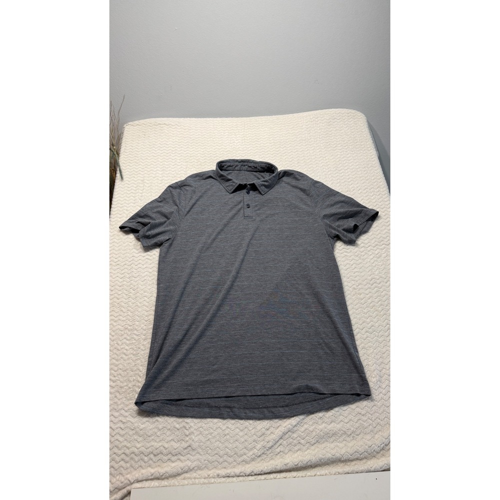 Lululemon Mens Short Sleeve Polo Shirt Heathered Grey Blue Striped Size L